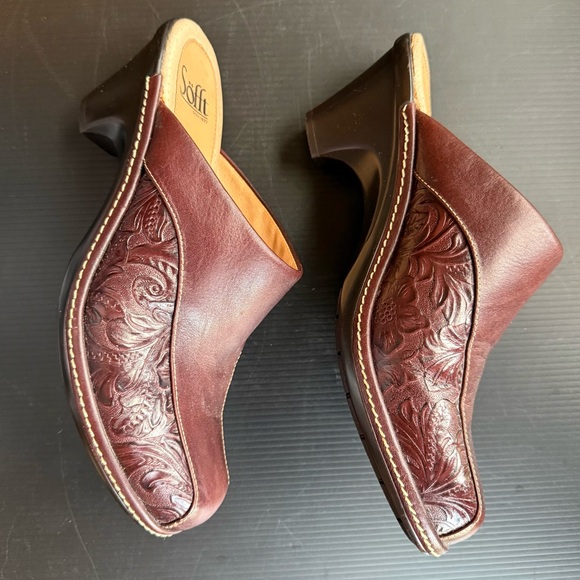SOFFT WOMENS DARK BROWN MAROON MULES TOOLED LEATHER UPPER SIZE 8 M - Picture 6 of 14